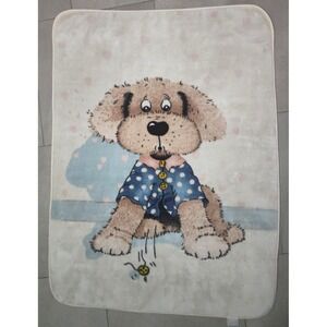 Vtg Puppy Dog Missing Button Blanket Plush Thick‎ Beige Hearts 40x60